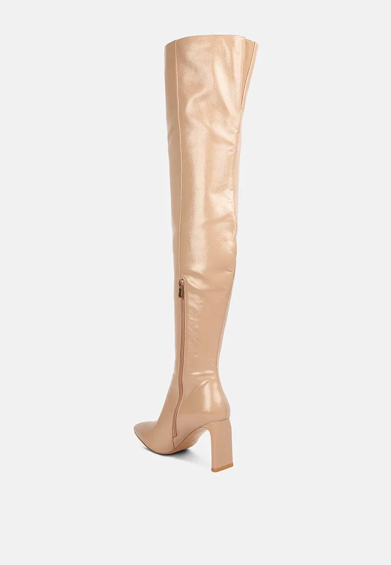 minkles patent pu long slim block heeled boots