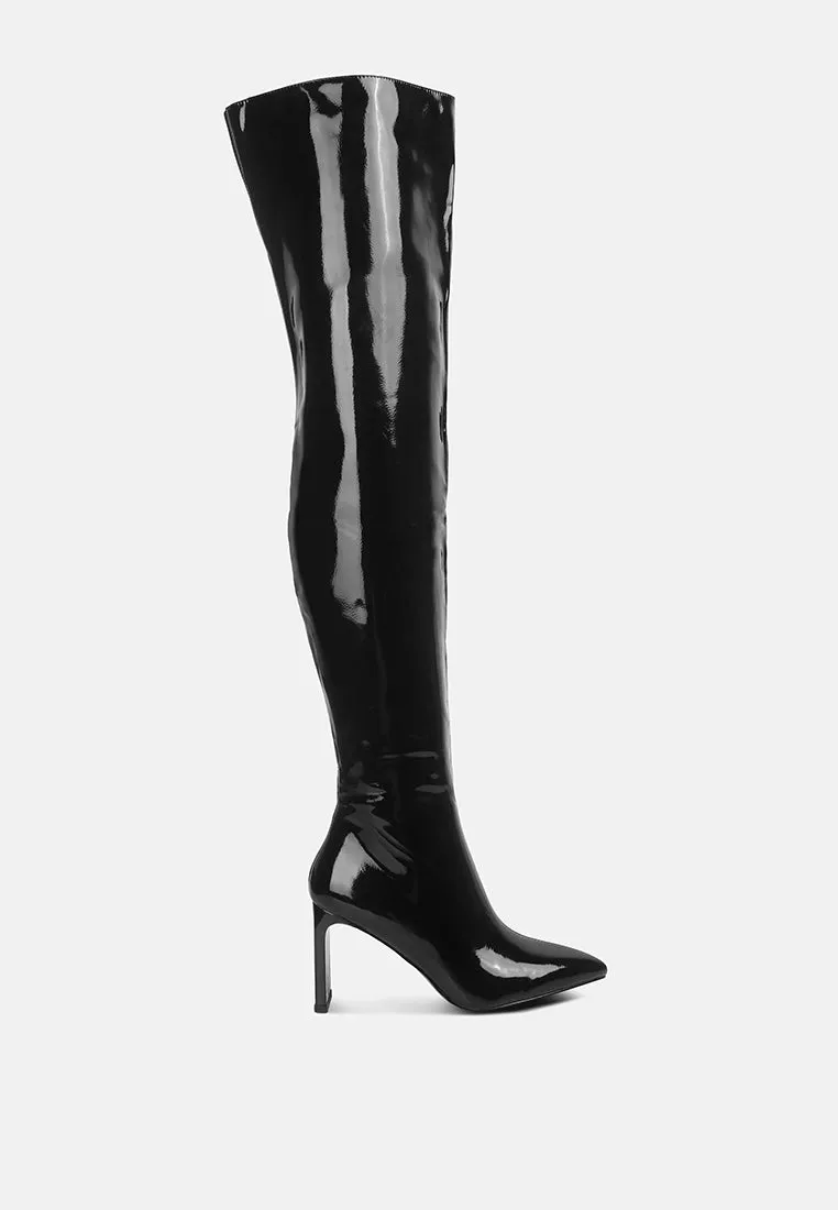 minkles patent pu long slim block heeled boots