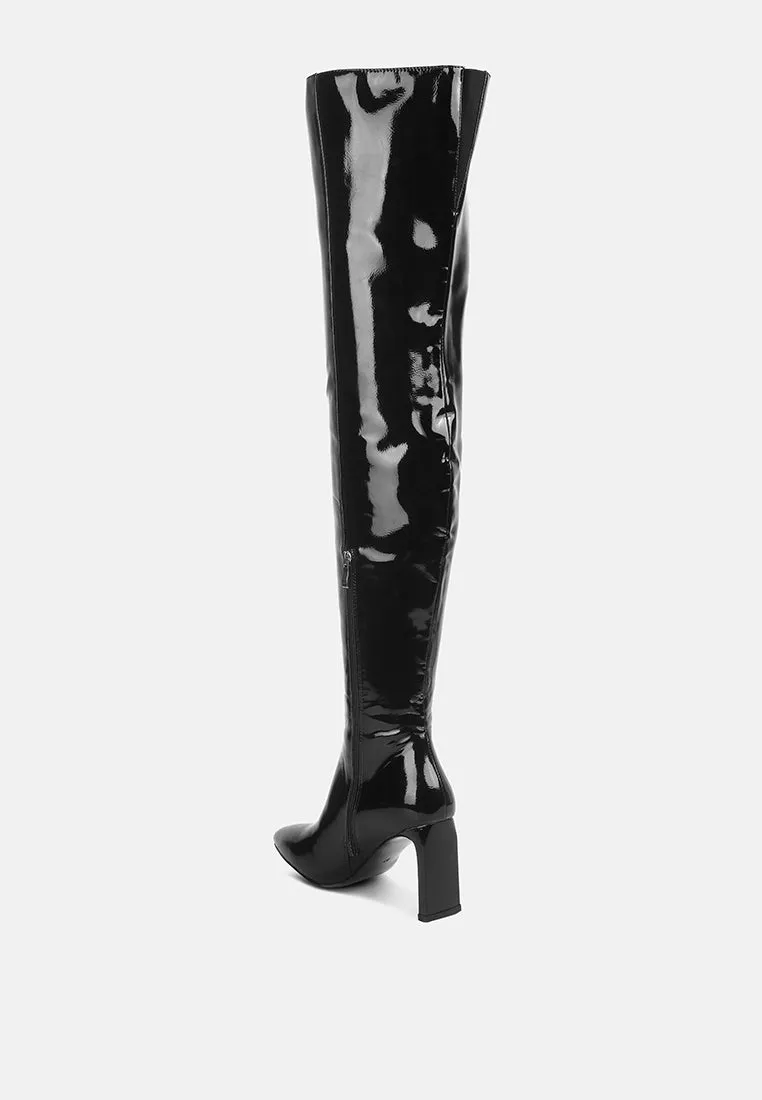 minkles patent pu long slim block heeled boots