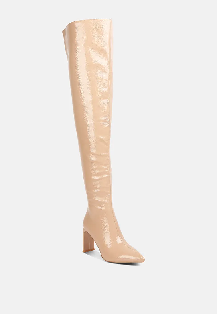 minkles patent pu long slim block heeled boots