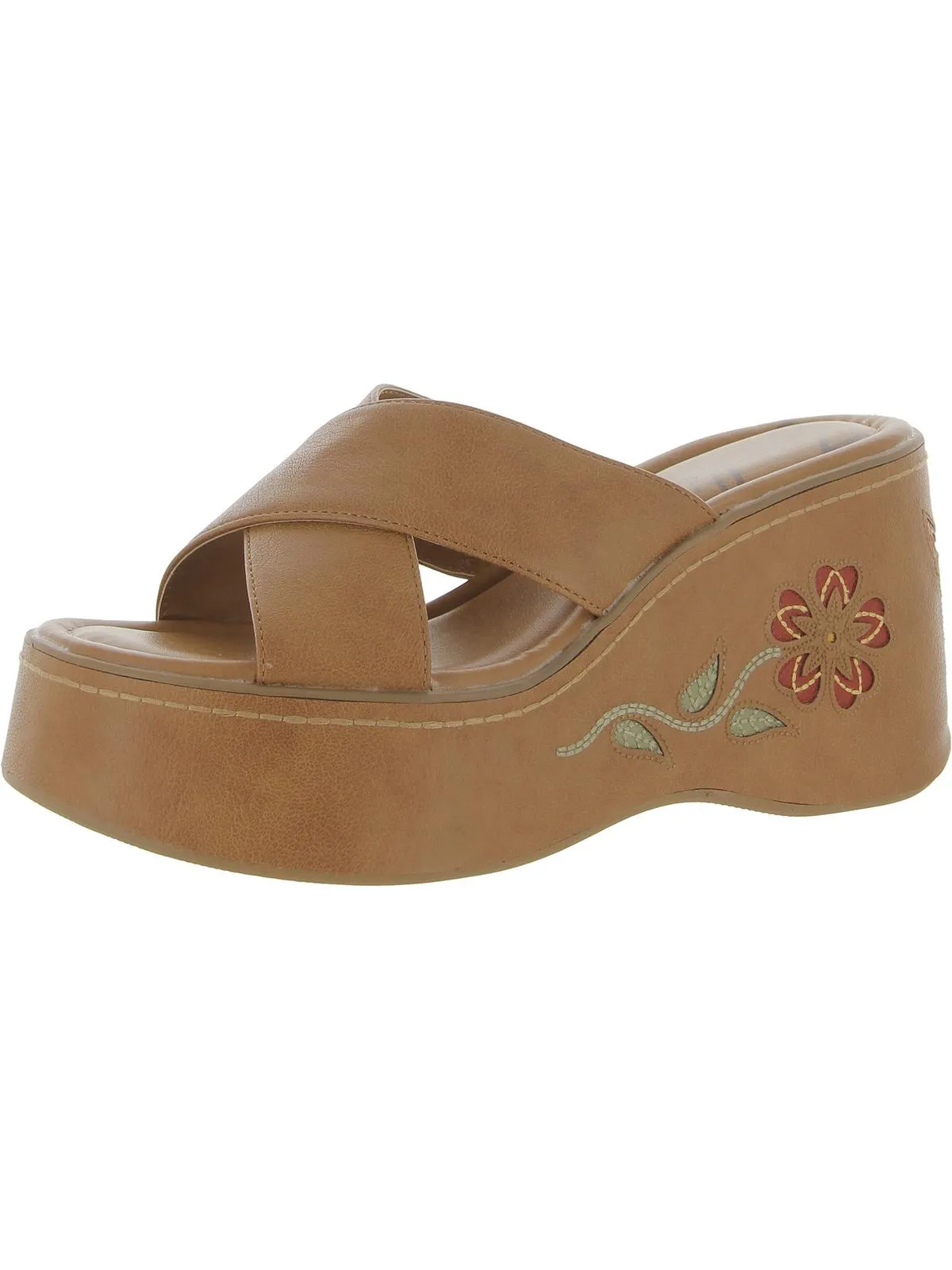Nessa Flower Womens Faux Leather Slide Platform Sandals