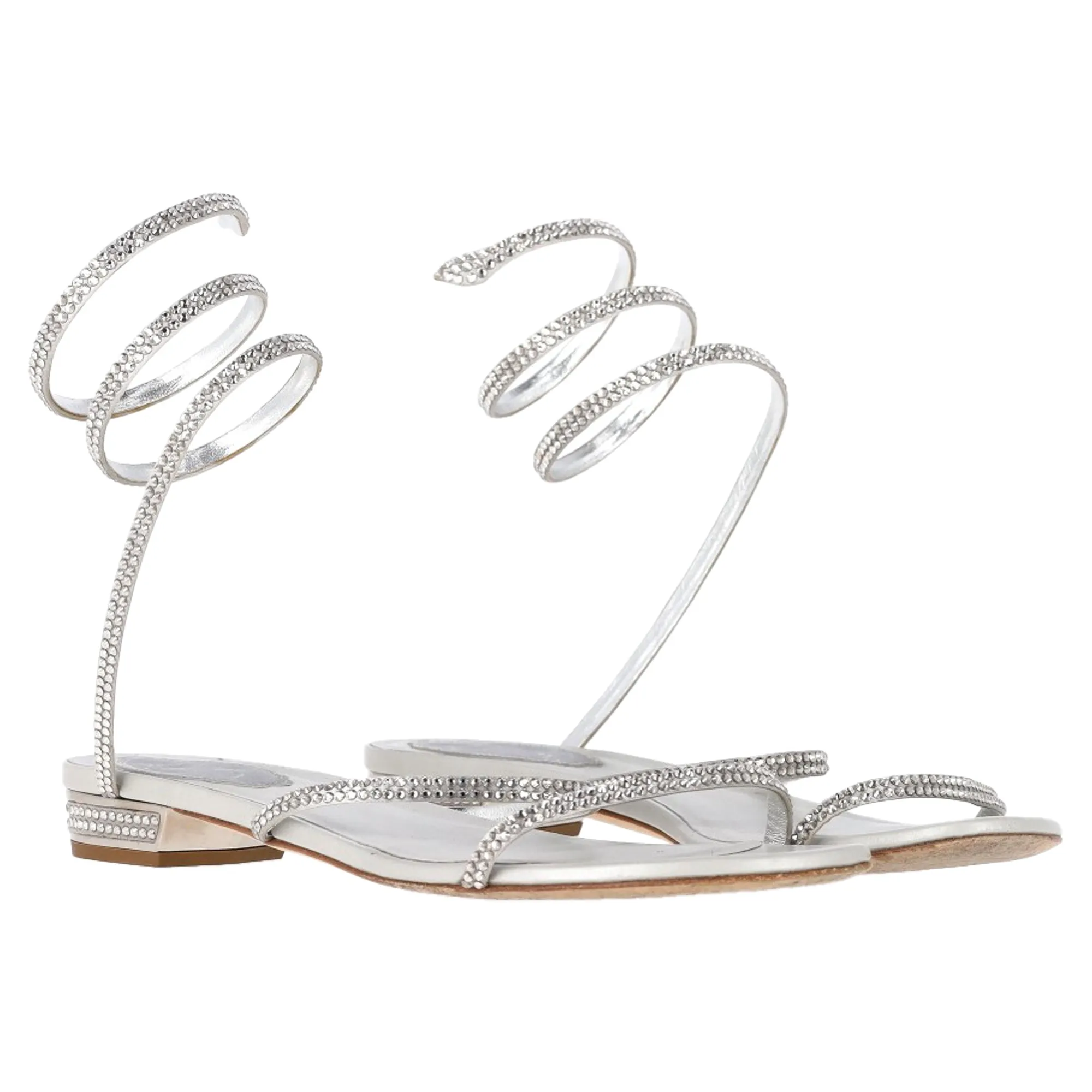 Rene Caovilla Cleo Flat Spiral Sandals in Silver Leather