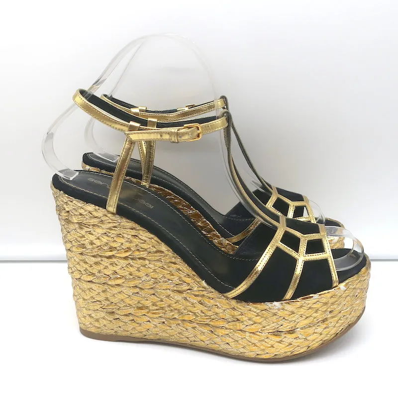 Sergio Rossi Espadrille Wedge Sandals Easy Puzzle Black Cutout Suede Size 37.5