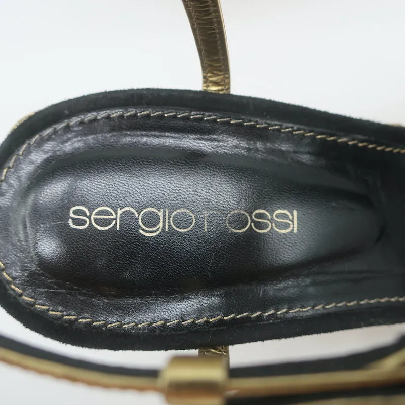 Sergio Rossi Espadrille Wedge Sandals Easy Puzzle Black Cutout Suede Size 37.5