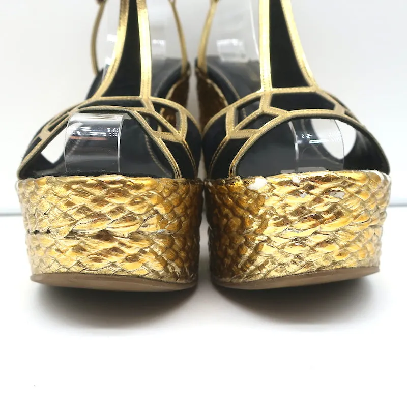 Sergio Rossi Espadrille Wedge Sandals Easy Puzzle Black Cutout Suede Size 37.5