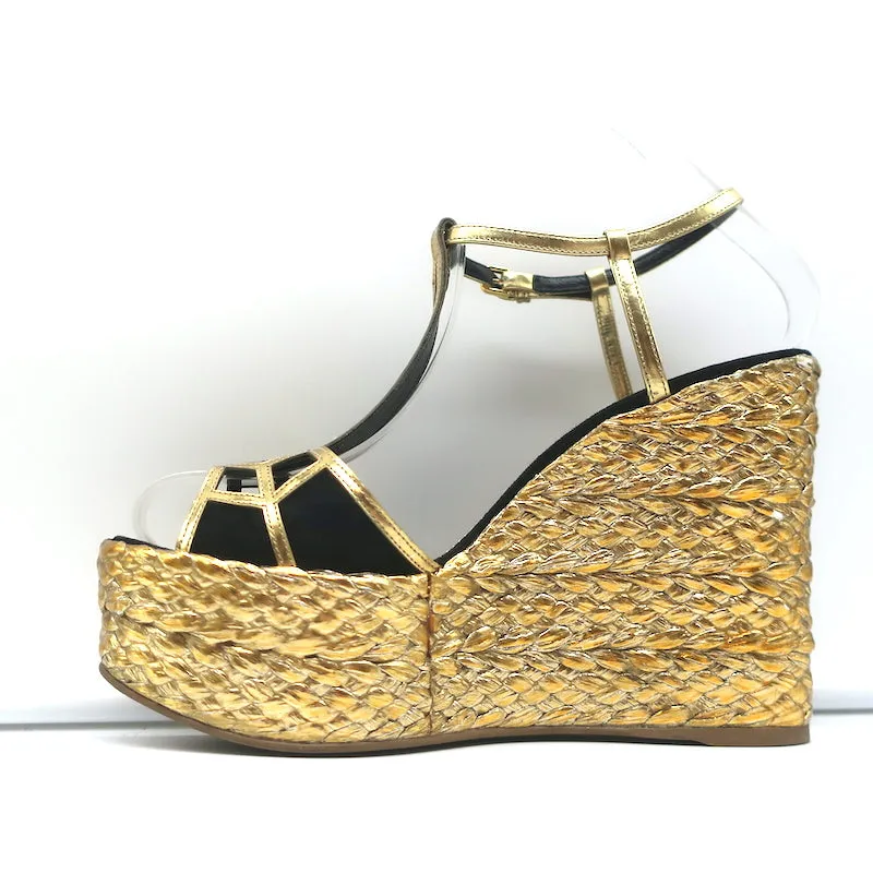 Sergio Rossi Espadrille Wedge Sandals Easy Puzzle Black Cutout Suede Size 37.5