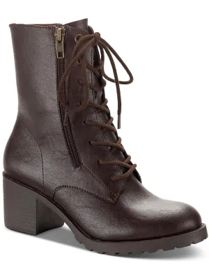 Sheilaa Womens Faux Leather Block Heel Combat & Lace-Up Boots