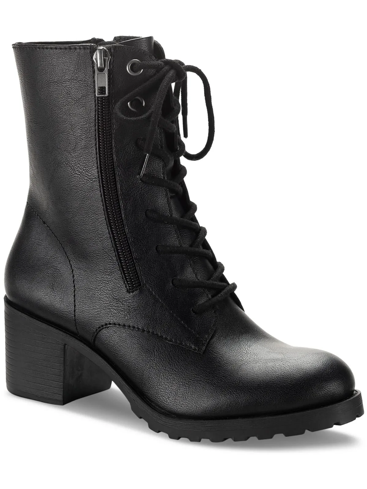 Sheilaa Womens Faux Leather Block Heel Combat & Lace-Up Boots