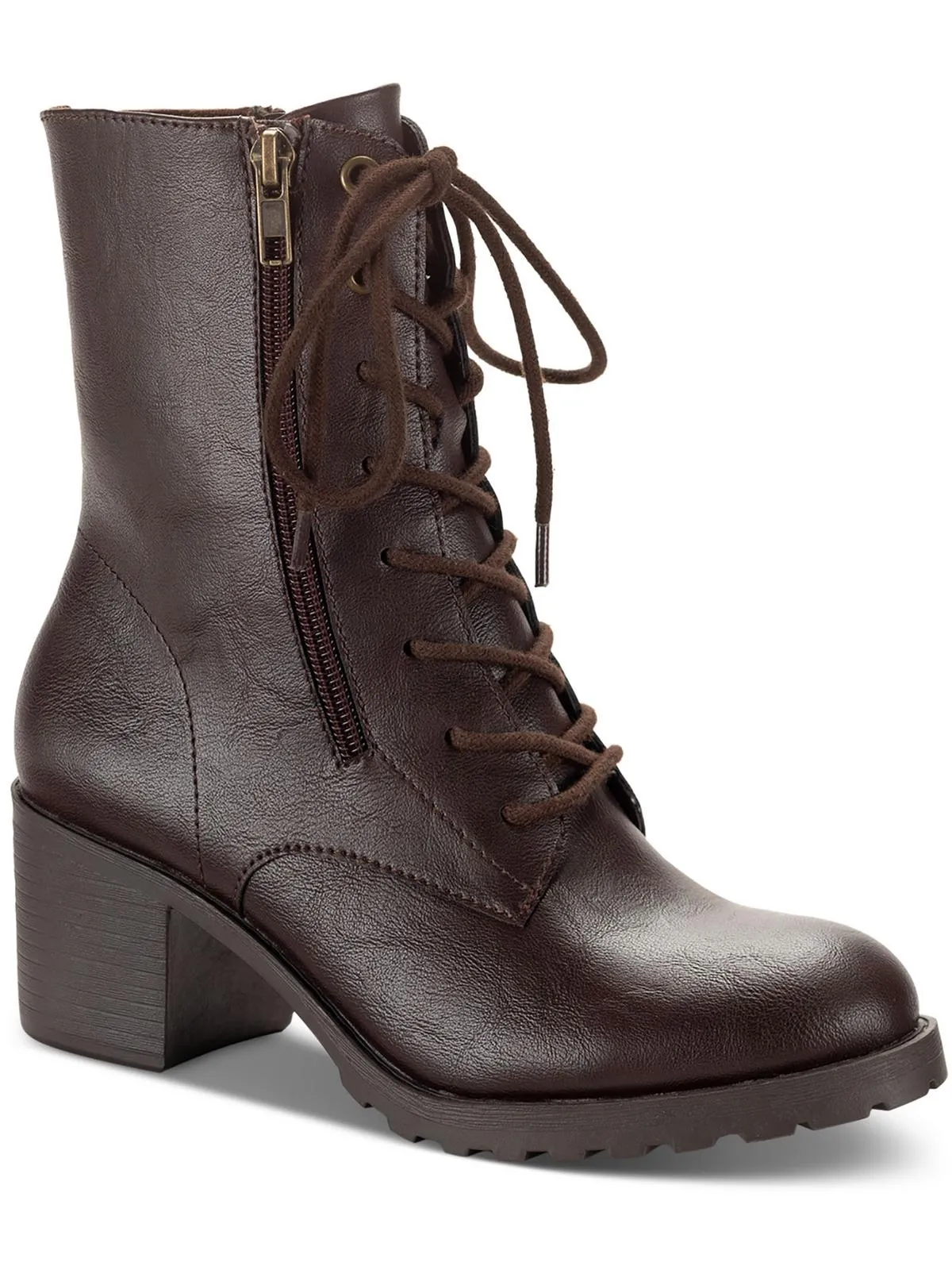 Sheilaa Womens Faux Leather Block Heel Combat & Lace-Up Boots