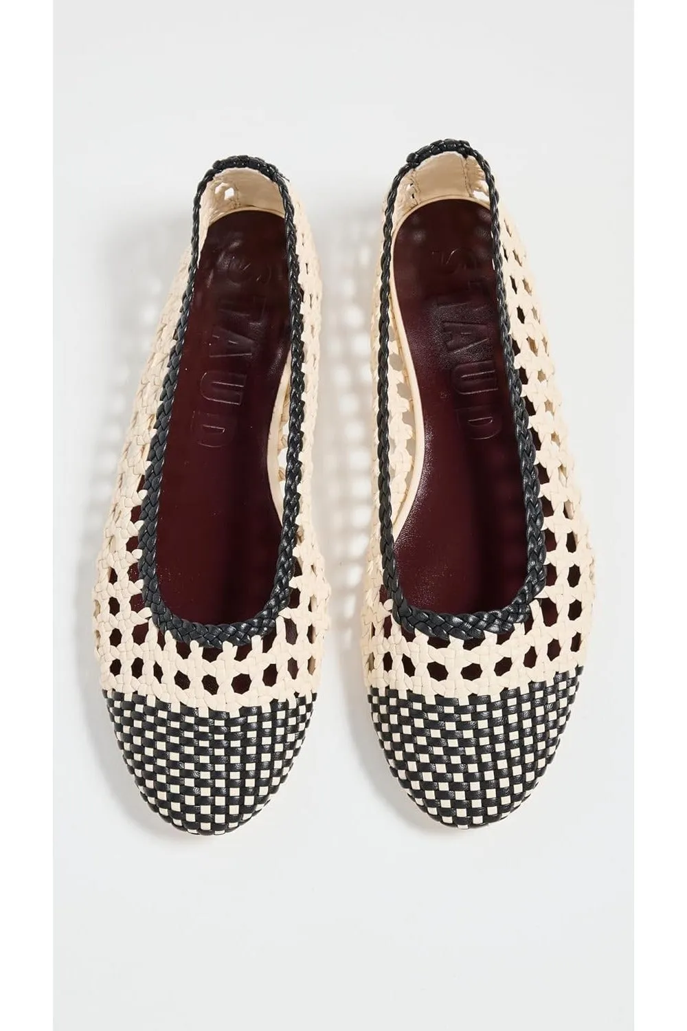 STAUD Women Ballerina Flats Nell Crochet Cream Black Leather Sole Shoes