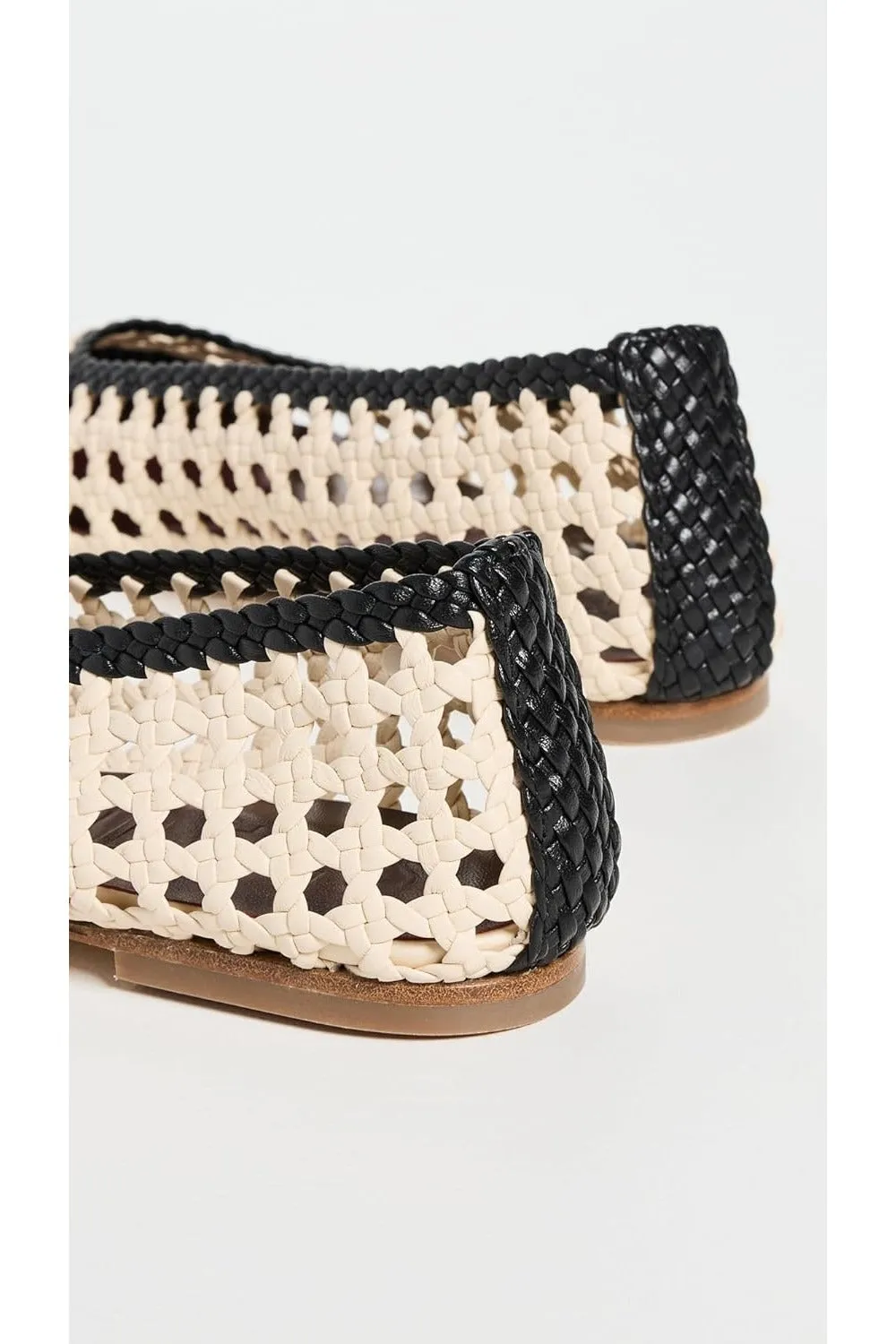 STAUD Women Ballerina Flats Nell Crochet Cream Black Leather Sole Shoes