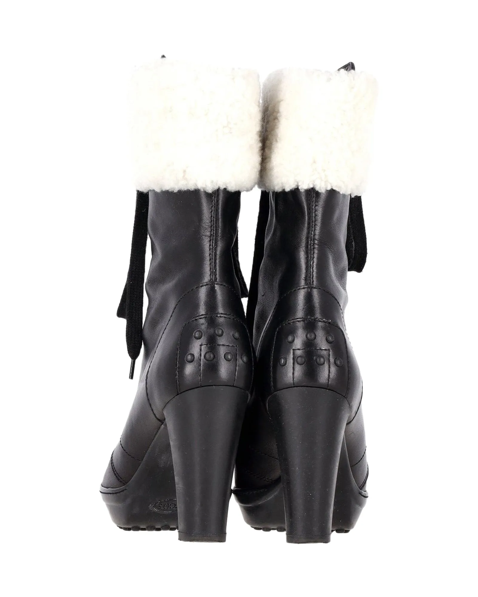 Tod's Shearling Lace-Up Heeled Boots in Black Leather