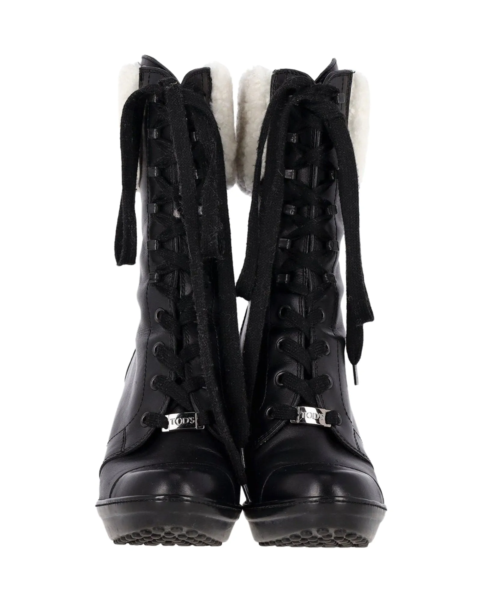 Tod's Shearling Lace-Up Heeled Boots in Black Leather