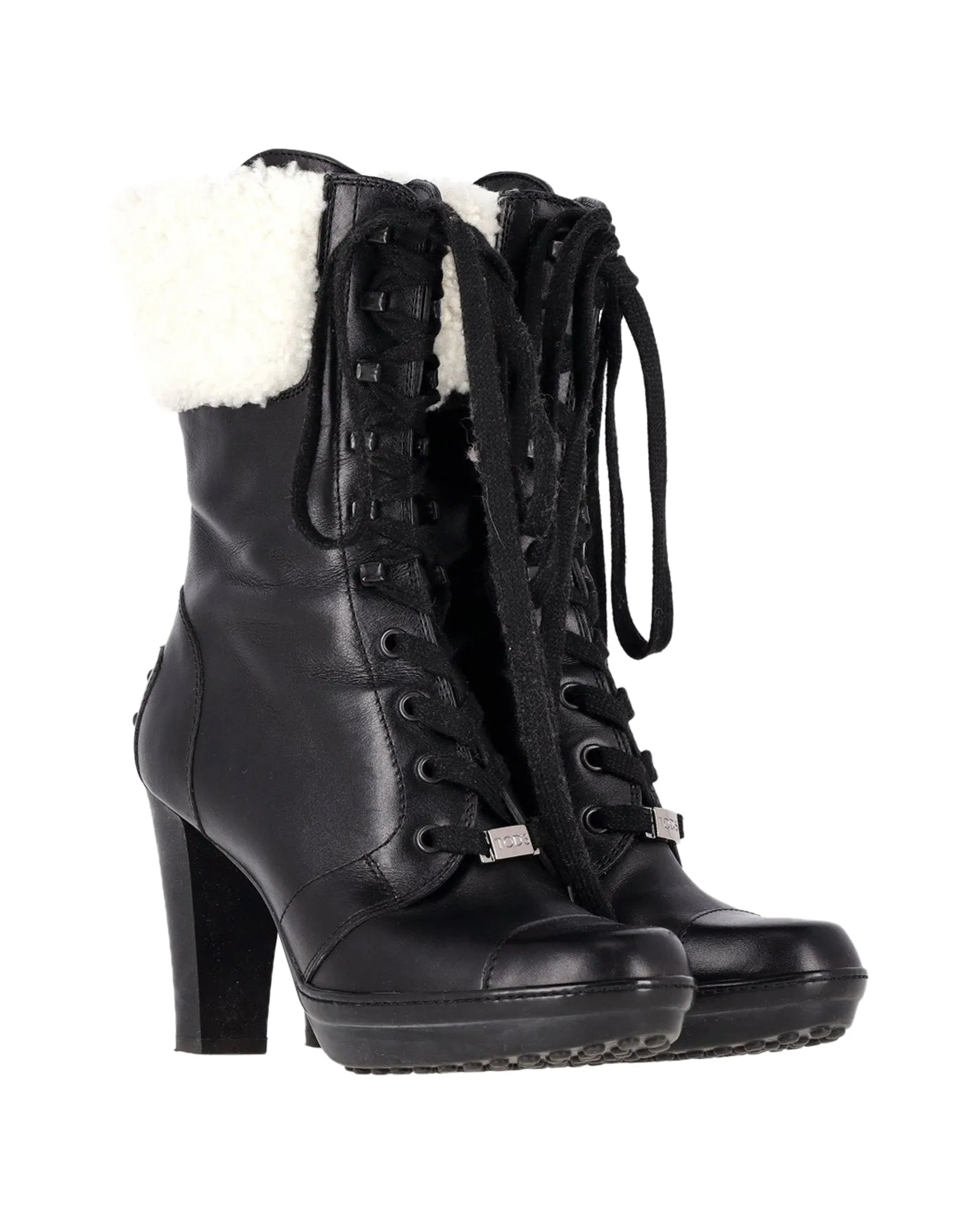 Tod's Shearling Lace-Up Heeled Boots in Black Leather