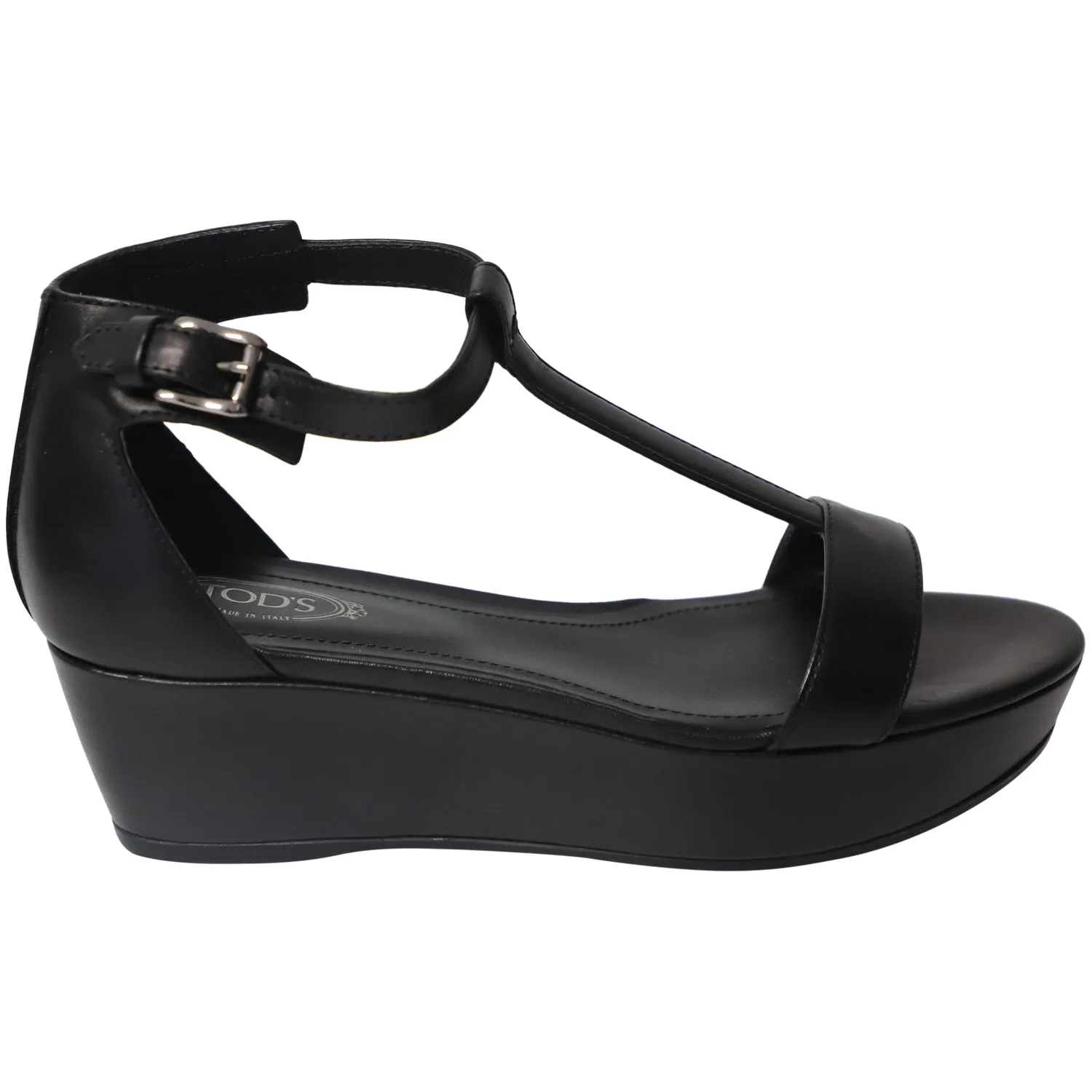 Tod's T-Strap Wedge Platform Ankle Strap Sandals in Black Leather