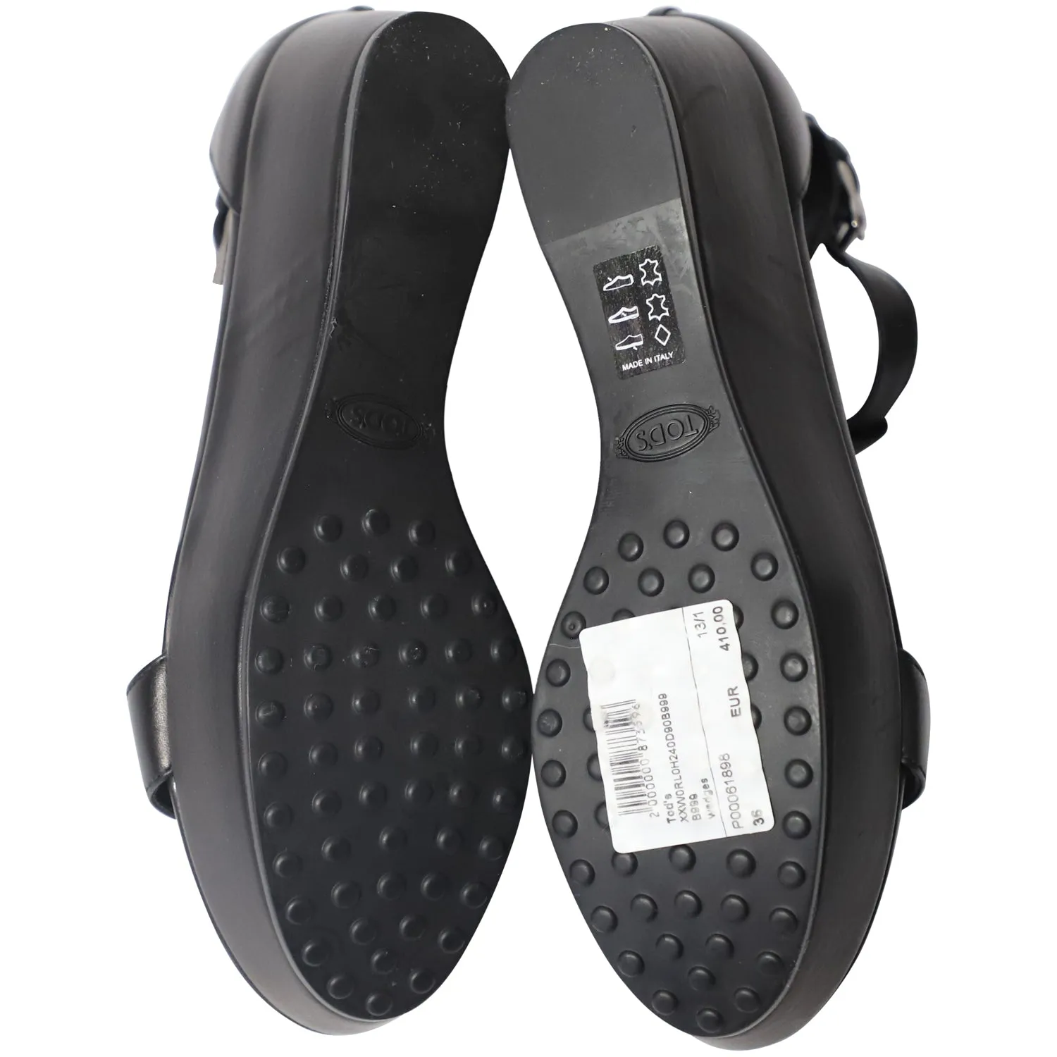Tod's T-Strap Wedge Platform Ankle Strap Sandals in Black Leather