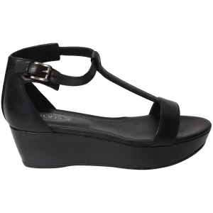 Tod's T-Strap Wedge Platform Ankle Strap Sandals in Black Leather