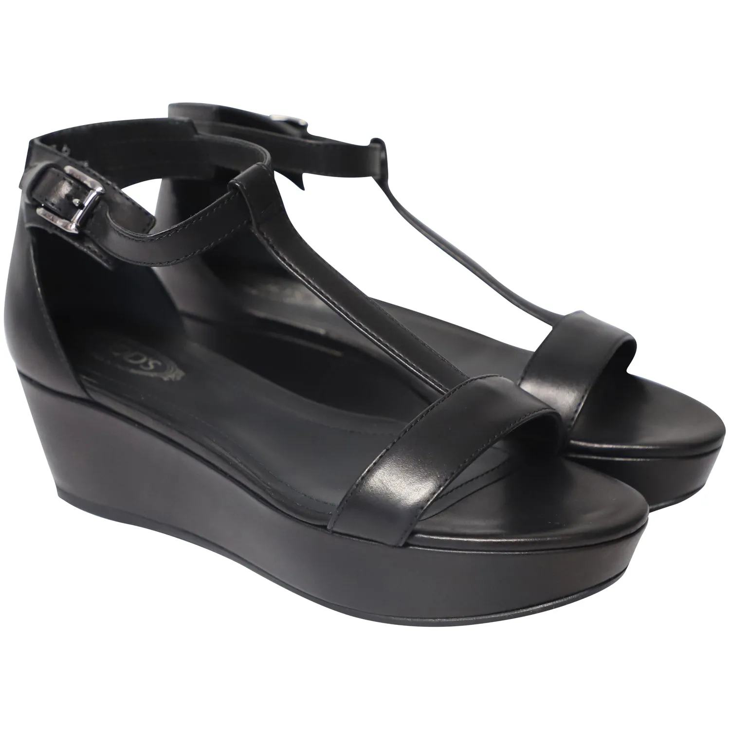 Tod's T-Strap Wedge Platform Ankle Strap Sandals in Black Leather