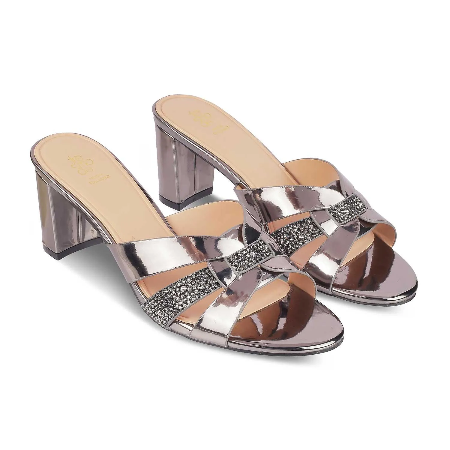 Tresmode Luxe Pewter Women's Dress Block Heel Sandals