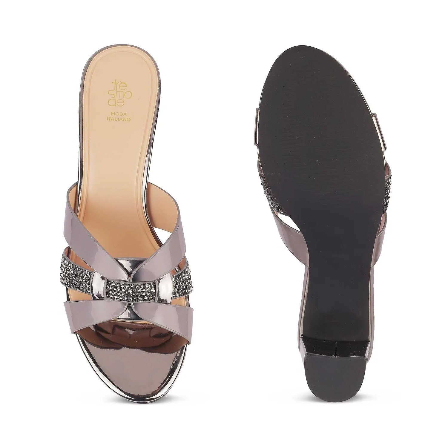 Tresmode Luxe Pewter Women's Dress Block Heel Sandals
