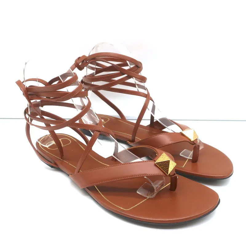 Valentino Roman Stud Ankle Wrap Flat Sandals Brown Leather Size 37