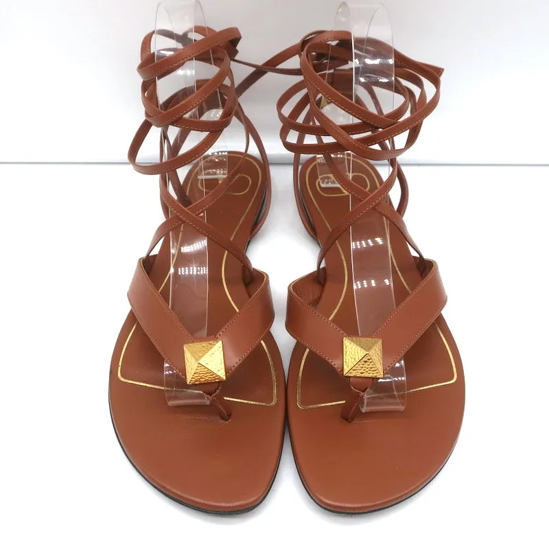 Valentino Roman Stud Ankle Wrap Flat Sandals Brown Leather Size 37