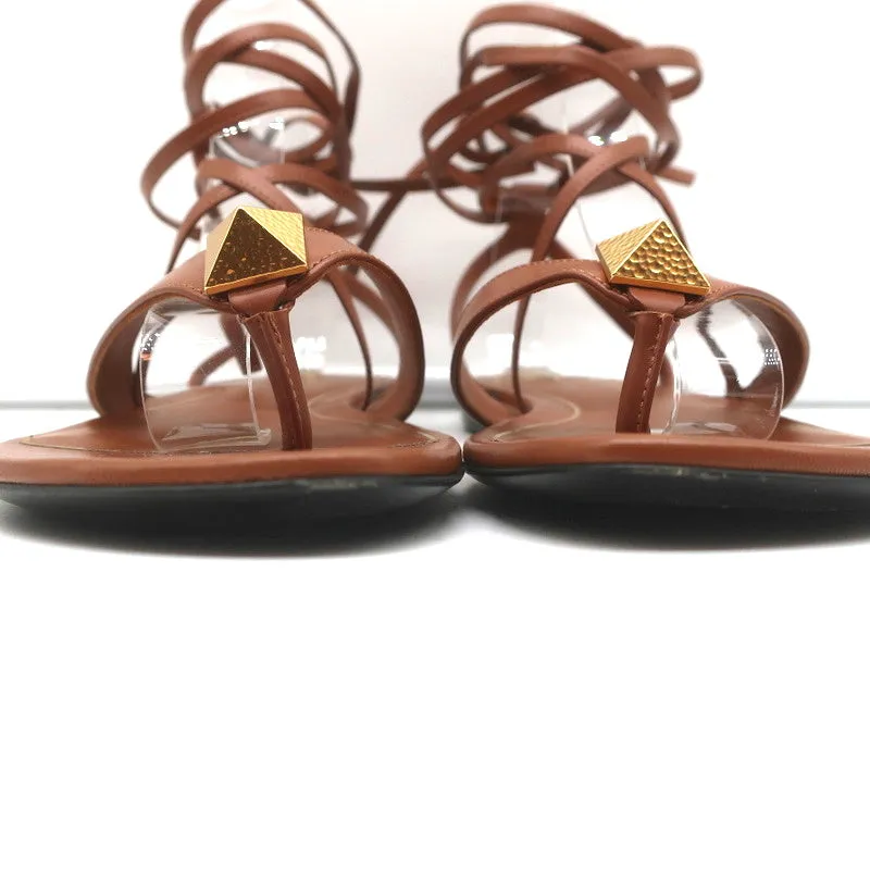 Valentino Roman Stud Ankle Wrap Flat Sandals Brown Leather Size 37