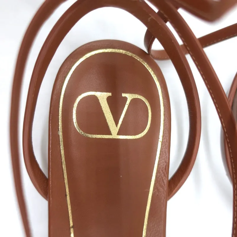 Valentino Roman Stud Ankle Wrap Flat Sandals Brown Leather Size 37